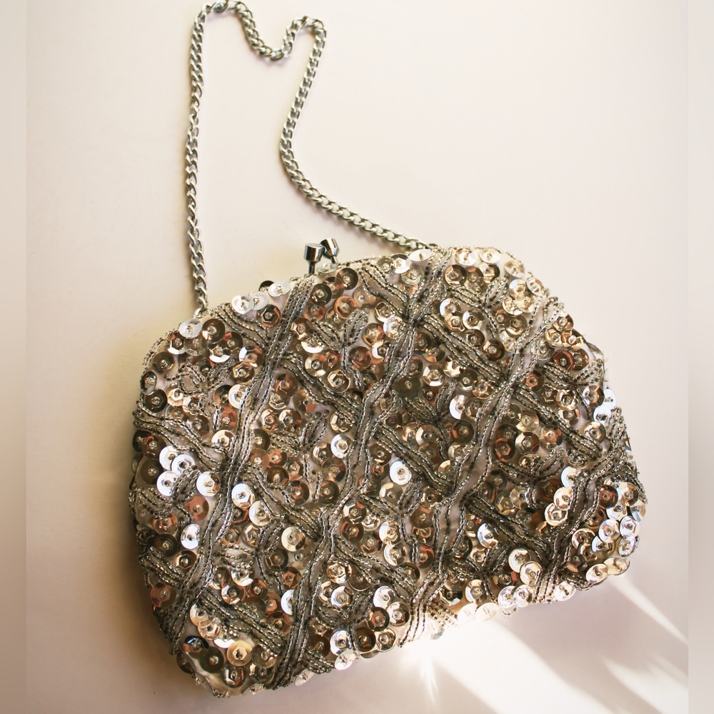 Vintage Silver and Cream Sequin Clutch